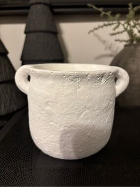 White Handmade Textured Ceramic Pot with Handles-Small